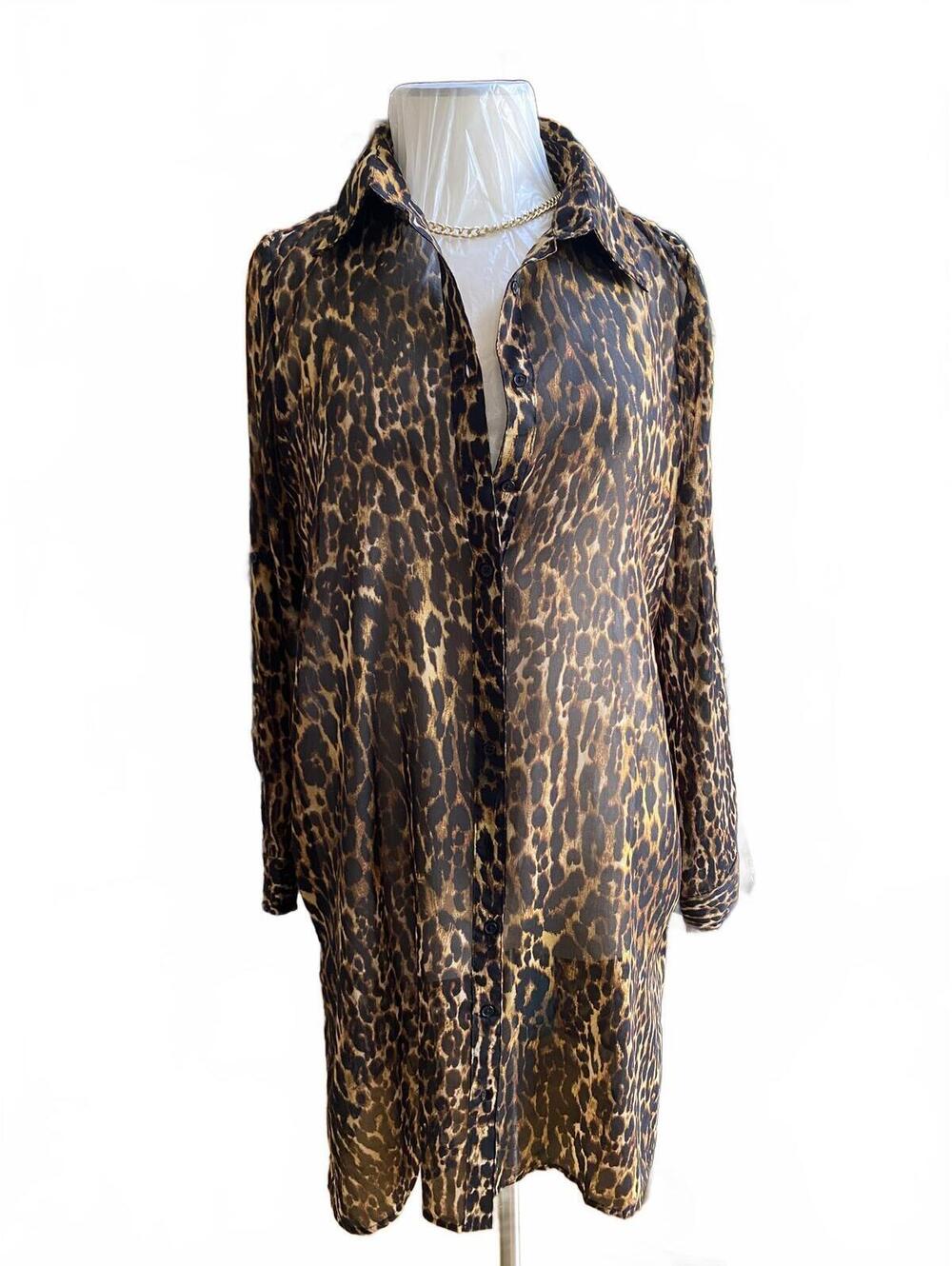 Women’s Sheer Leopard Print Long Sleeve Shirt Dress Size M